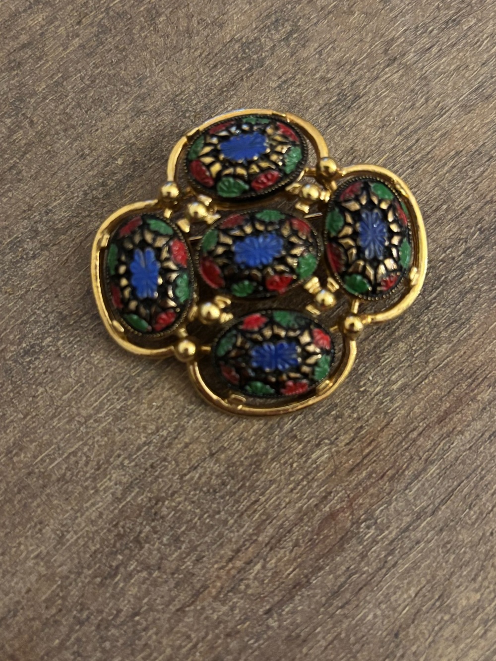 Sarah Coventry Gold-Tone Floral Mosaic Brooch with Blue, Red & Green